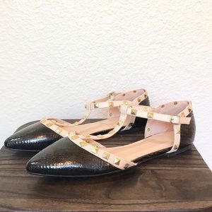 Wild Diva Studded Pointed Toe T-Strap Flats.
